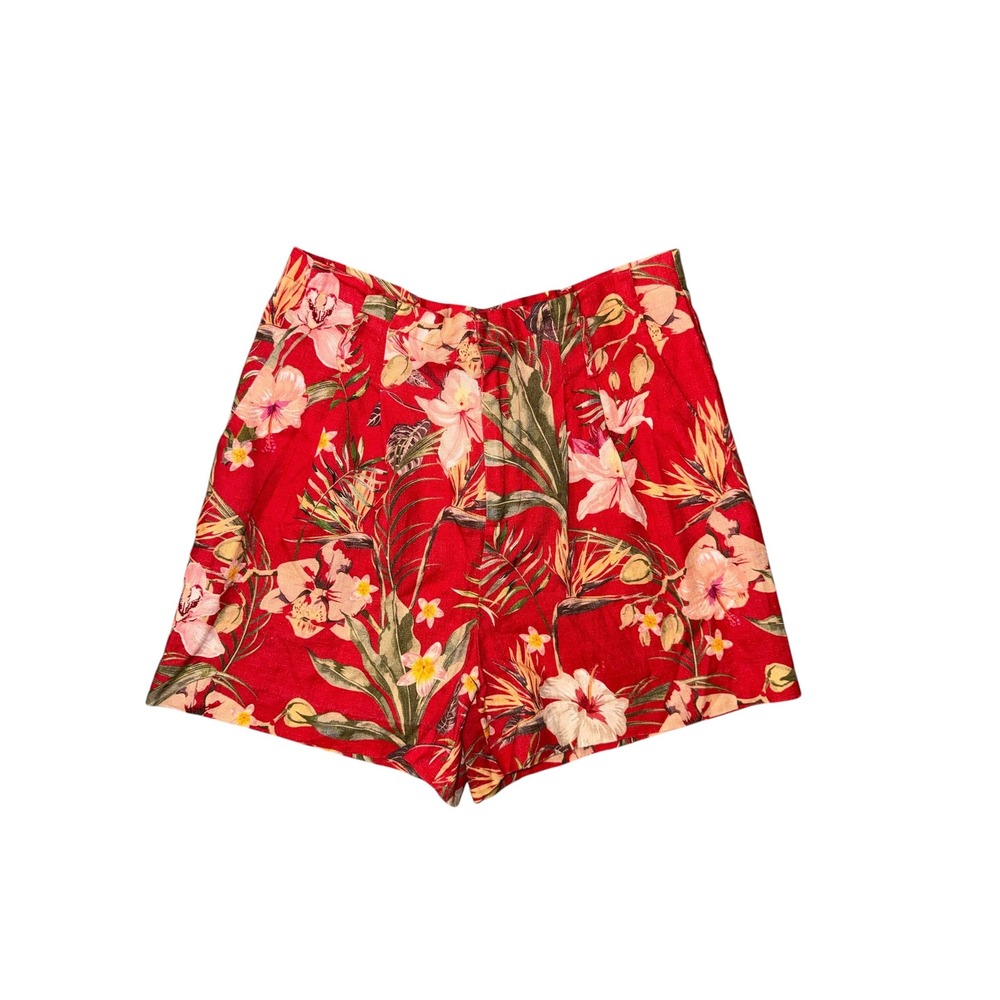 Antonio Melani Linen Shorts Womens 12 Red Tropical Floral High Rise Pleated